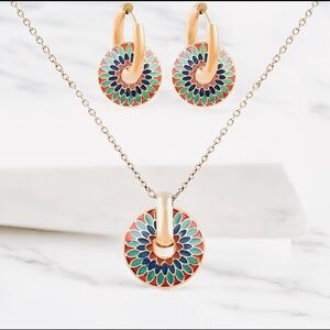 🟠NWT Stainless Steel Colorful Enamel Mandala 3pc Necklace/Earrings Set